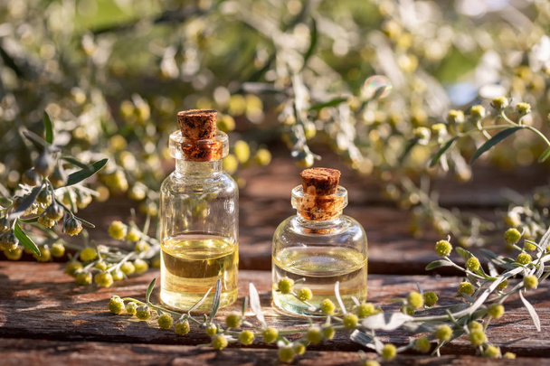 Botellas de aceite esencial con ajenjo en flor
 - Foto, imagen