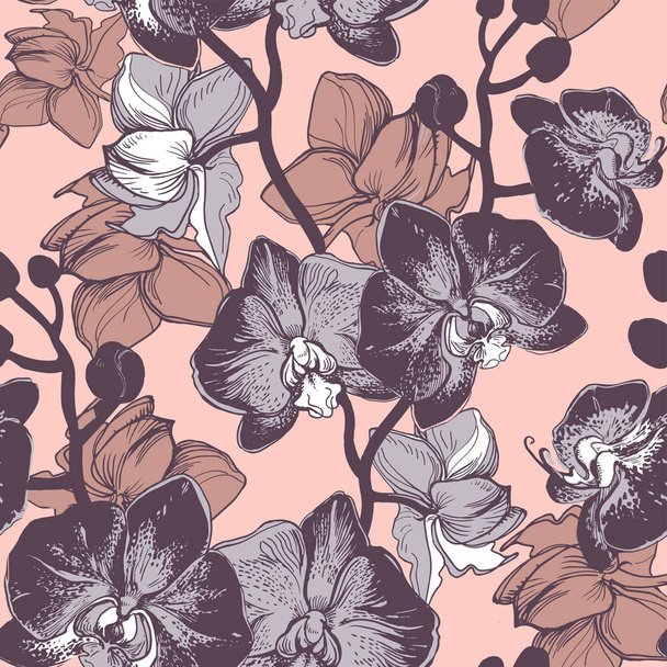 Spring seamless background with spotty orchids drawn by hand - Vector, Image