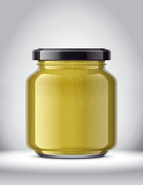 Glass Jar with Mustard on Background.  - Foto, Imagen