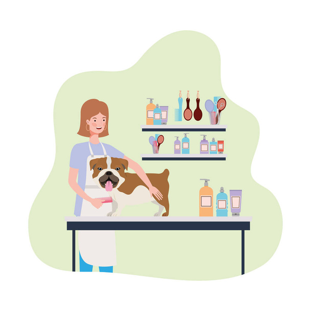 mujer joven con perro en peluquero de mascotas
 - Vector, imagen