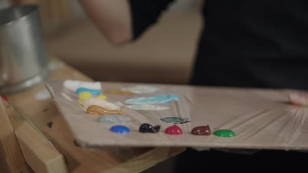 Палитра с масляными красками в руке художника, работающего в мастерской, крупным планом
 - Кадры, видео