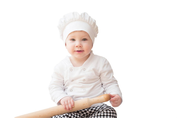 Дитячий хлопчик, дитина в костюмі кухаря ізольована на білому тлі
 - Фото, зображення