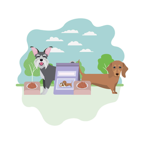 dogs with bowl and pet food on landscape - Vector, Image