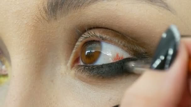 O artista de maquiagem estilista profissional faz o modelo de maquiagem de olhos. Modelo de rosto com maquiagem à noite vista de perto - Filmagem, Vídeo