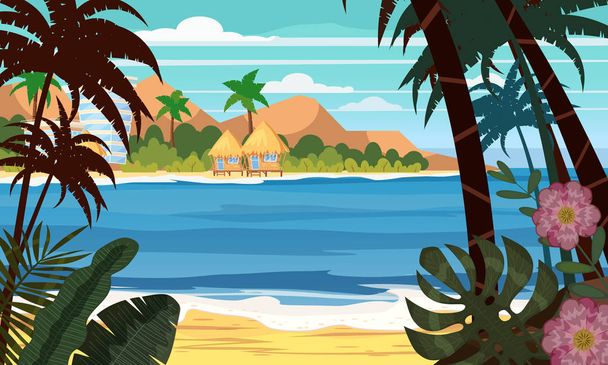 Mare spiaggia paesaggio oceano - Piante esotiche foglie e palme. Hotel e bungalow. Trendy design vettore illustrazione banner, biglietto di auguri, poster e pubblicità - concetto di vacanza estiva
 - Vettoriali, immagini