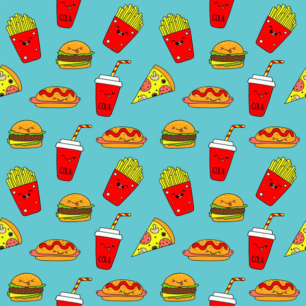 Salami pizza slices, potato, sandwiches, hot dogs, cola seamless pattern. Vector illustration . Fashion print for textile or paper - Vector, imagen