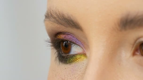 Ammattimainen stylisti meikki taiteilija tekee silmämeikki malli. Kasvot malli ilta meikki lähikuva näkymä - Materiaali, video