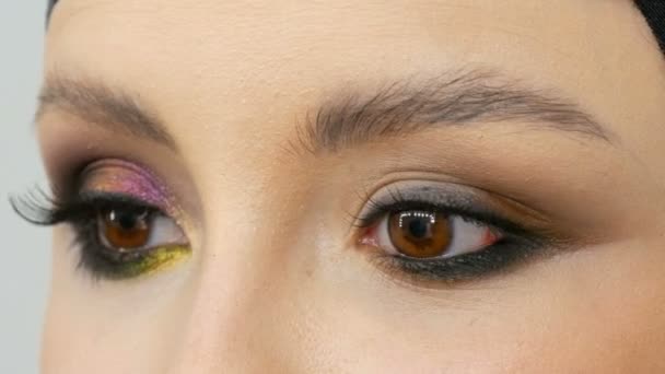 Professional stylist make-up artist makes eye makeup model. Face model with evening makeup close up view - Footage, Video