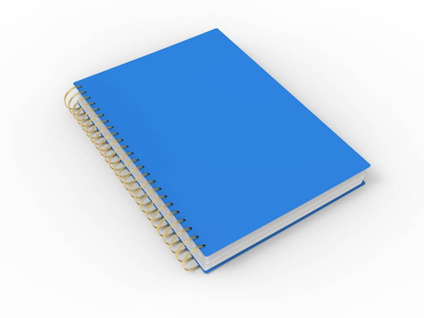 Caderno azul com encadernação espiral dourada no fundo branco
 - Foto, Imagem