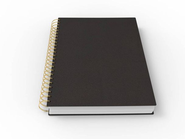Cuaderno negro con encuadernación en espiral dorada y cubiertas de cuero
 - Foto, Imagen