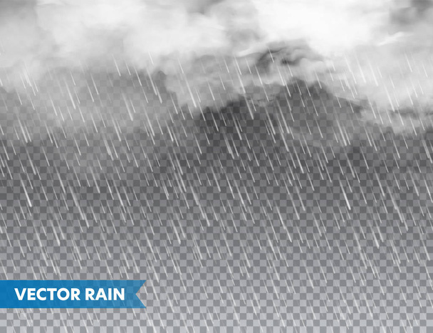 realistischer Regen mit Wolken auf transparentem Hintergrund. Niederschlag, Wassertropfen Wirkung. herbstlich nasser Regentag. Vektorillustration. - Vektor, Bild