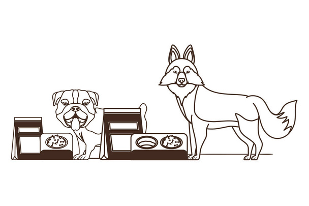 白い背景にボウルとペットフードを持つ犬のシルエット - ベクター画像