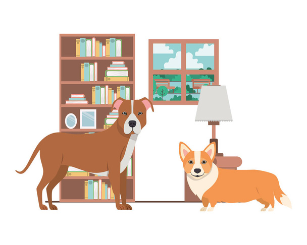 милые и очаровательные собаки в гостиной
 - Вектор,изображение