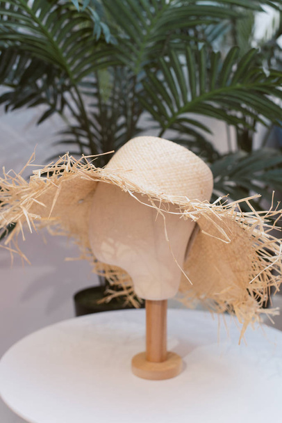 соломенная шляпа на манекене. Коричневая шляпа на пустом манекене в магазине на фоне пальмовых листьев
 - Фото, изображение
