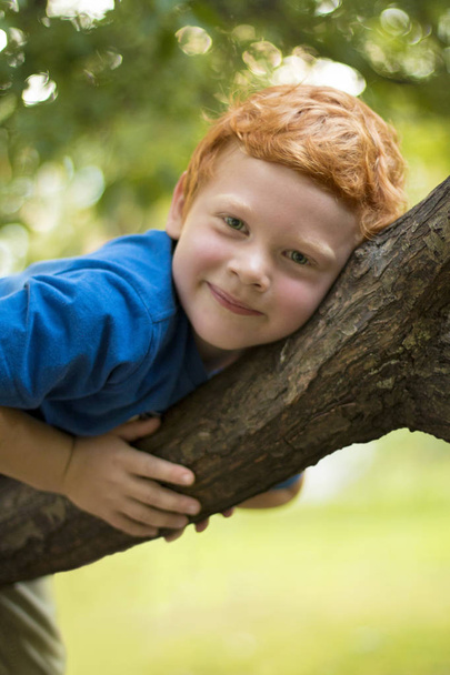Europese jongen met groene ogen kijken direct naar de camera, close-up. Grappig klein kind met krullend gember haar en sproeten liggend op een boom - Foto, afbeelding