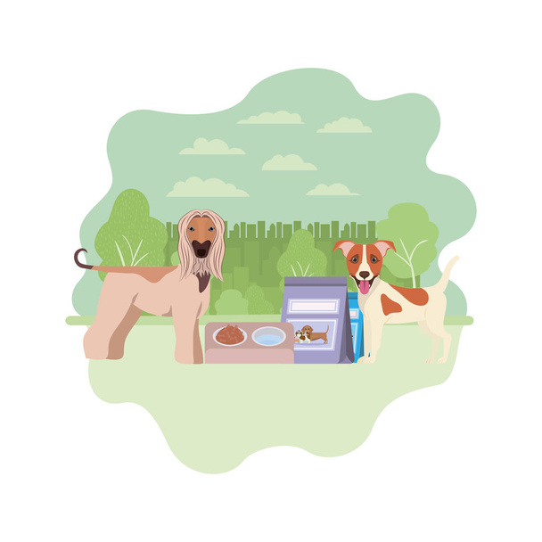 風景上のボウルとペットフードを持つ犬 - ベクター画像
