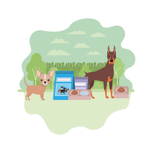perros con tazón y comida para mascotas en el paisaje
 - Vector, imagen