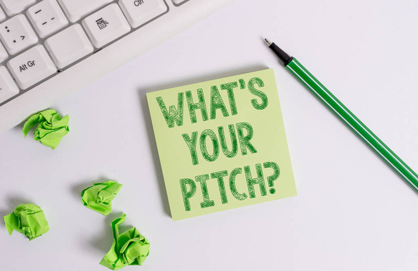 Conceptual hand writing showing What S Is Your Pitch question. Business photo text asking about property of sound or music tone Green note paper with pencil on white background and pc keyboard. - Photo, Image