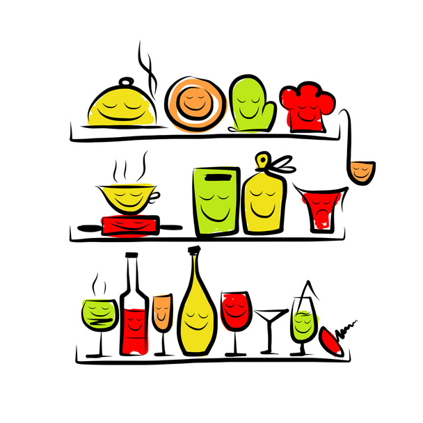 Kitchen utensils characters on shelves, sketch drawing for your design - Vector, Image