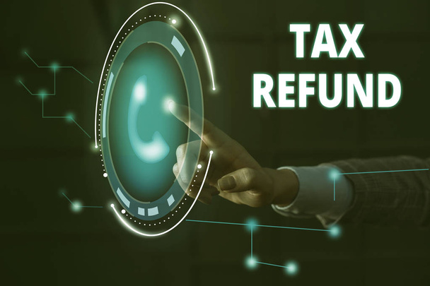 Handwriting text Tax Refund. Concept meaning refund on tax when the tax liability is less than the tax paid Lady presenting hand blue glow futuristic modern technology tech look contact. - Photo, Image