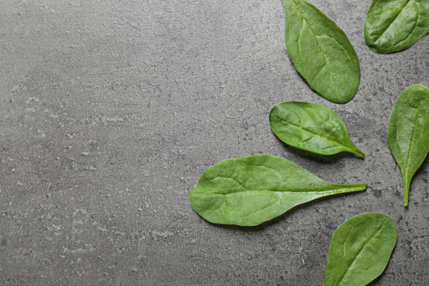 Espinacas frescas verdes saludables en la mesa gris, acostado plano. Espacio para texto
 - Foto, imagen
