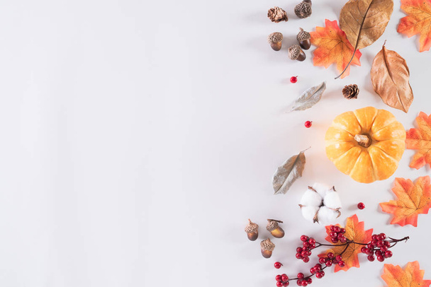 Herbstkomposition. Orangener Kürbis mit Herbstblättern, roten Beeren, Eichelnüssen und weißem Baumwollkopf auf weißem Hintergrund. flache Lage, Kopierraum von oben. - Foto, Bild