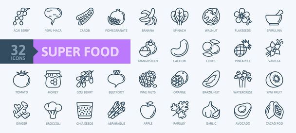Szuper élelmiszer-vékony vonal ikon meg a gyümölcsök, zöldségek, bogyók, dió, gyökerek és magvak. Vázlat ikonok gyűjteménye az egészséges méregtelenítő természetes termékek, bioélelmiszer-összetevők az egészség és a táplálkozás.  - Vektor, kép