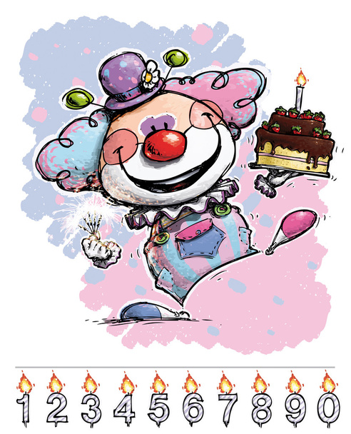 Payaso llevando el pastel de cumpleaños de un bebé
 - Vector, Imagen