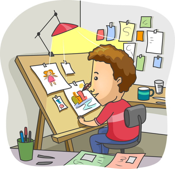 Man Illustrator tekenbord Home Studio - Foto, afbeelding