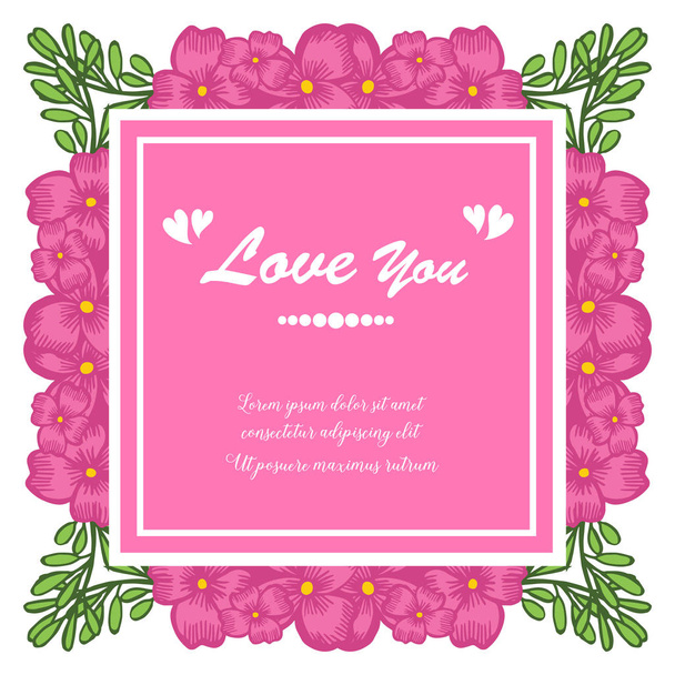 Vintage style card love you, with crowd of pink flower frame. Vector - Вектор,изображение