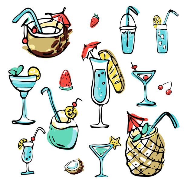 Cold dessert ink doodles vector stock set. Cold tropical party cocktails and fruits. Cute cartoon icons. Can be used for printed materials. Food holiday background. Hand drawn design elements. - Вектор,изображение