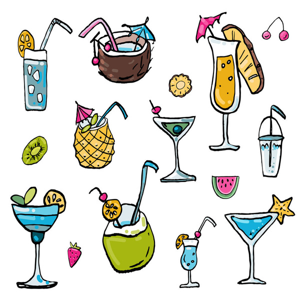 Cold dessert ink doodles vector stock set. Cold tropical party cocktails and fruits. Cute cartoon icons. Can be used for printed materials. Food holiday background. Hand drawn design elements. - Vector, Imagen