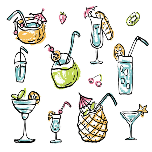 Cold dessert ink doodles vector stock set. Cold tropical party cocktails and fruits. Cute cartoon icons. Can be used for printed materials. Food holiday background. Hand drawn design elements. - Vector, Image
