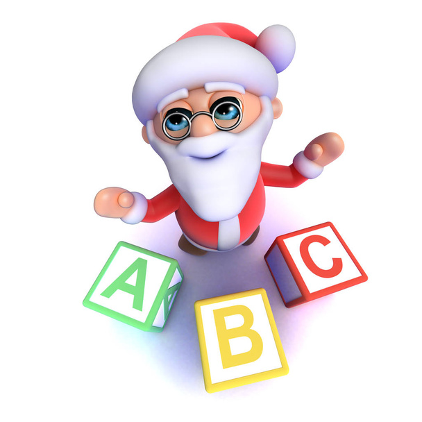 3D lustige Cartoon-Weihnachtsmann mit Alphabet-Blöcken - Foto, Bild