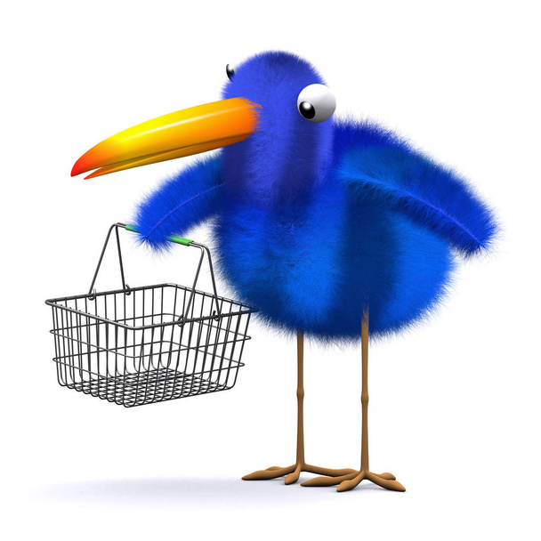 3D μπλε πουλί με ένα άδειο καλάθι αγορών - Φωτογραφία, εικόνα