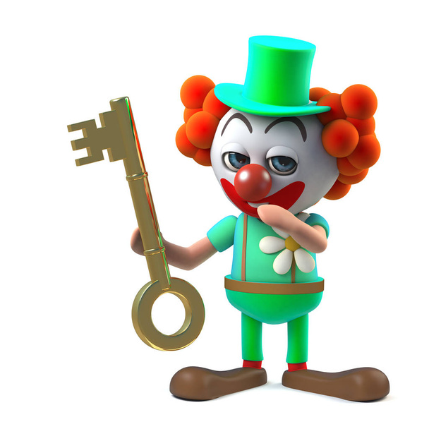 3d drôle personnage de clown de bande dessinée tenant une clé d'or
 - Photo, image