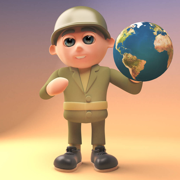 3D żołnierz armii kreskówki w mundurze wojskowym gospodarstwa kuli ziemskiej ziemi, ilustracja 3D - Zdjęcie, obraz