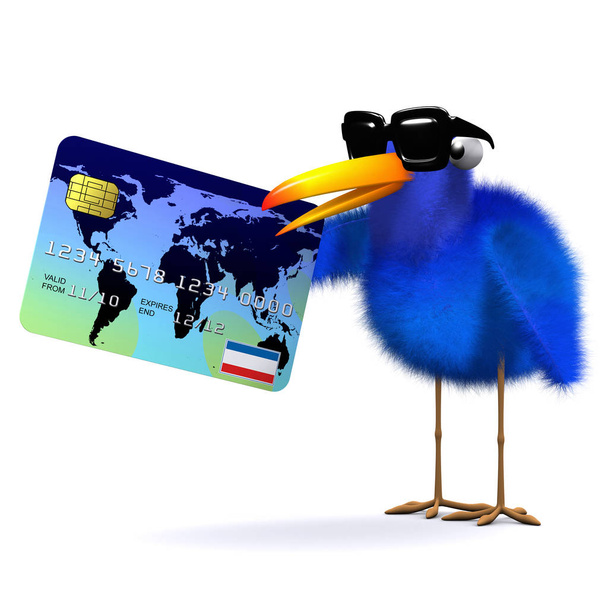 3d blue bird bezahlt mit Kreditkarte - Foto, Bild