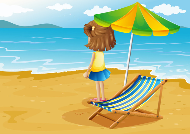 A girl at the beach with a foldable chair and an umbrella - Vector, Image