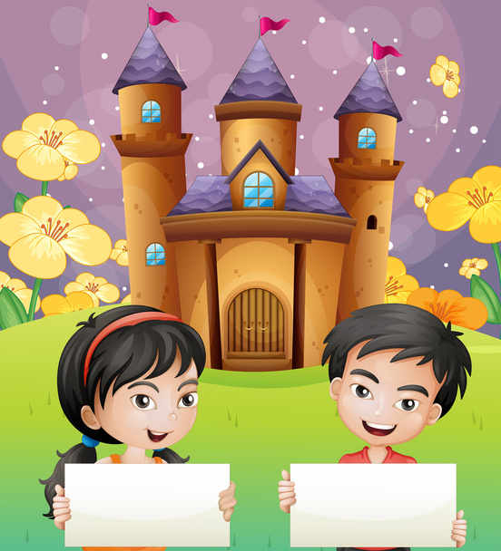 twee kinderen met lege signages staan in de voorkant van het kasteel - Vector, afbeelding