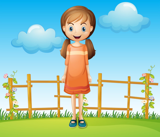 木製のフェンスの近くに立って小さな女性 - ベクター画像