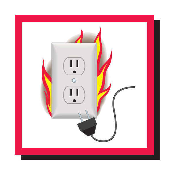 Electrical socket with a fire safety violation. Faulty electrical wiring fire leads to majority of fire. Loose contacts of electric outlets is a common catalyst. Vector illustration on pink background - Vector, Image