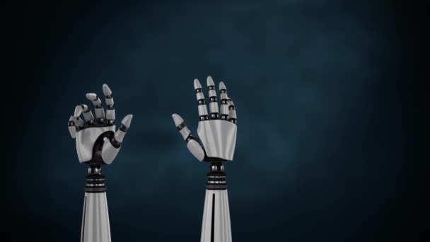 Animation of metal robot hands turning and unclenching fist over dark blue background - Кадры, видео