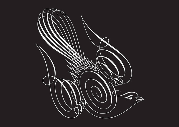 χαριτωμένο πουλί, ελατήριο σύμβολο καλλιγραφικό κείμενο, λευκή γραμμή σκίτσο σχέδιο σε μαύρο φόντο, Χειροποίητη Εικόνα διάνυσμα. - Διάνυσμα, εικόνα