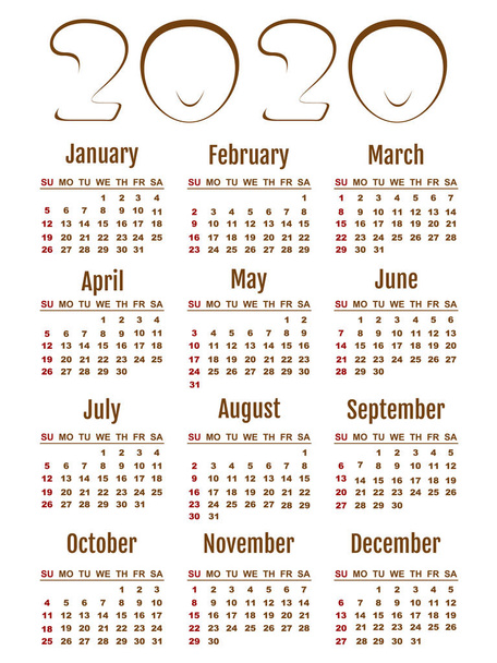Calendario vettoriale 2020 in inglese. La settimana inizia lunedì
 - Vettoriali, immagini