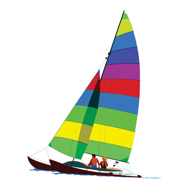 Statek z żagle na falach. Logo dla firmy podróży, do uprawiania sportów wodnych, dla yacht club. - Wektor, obraz