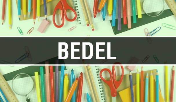 Bedel with School supplies on blackboard Background. Bedel text  - Photo, Image