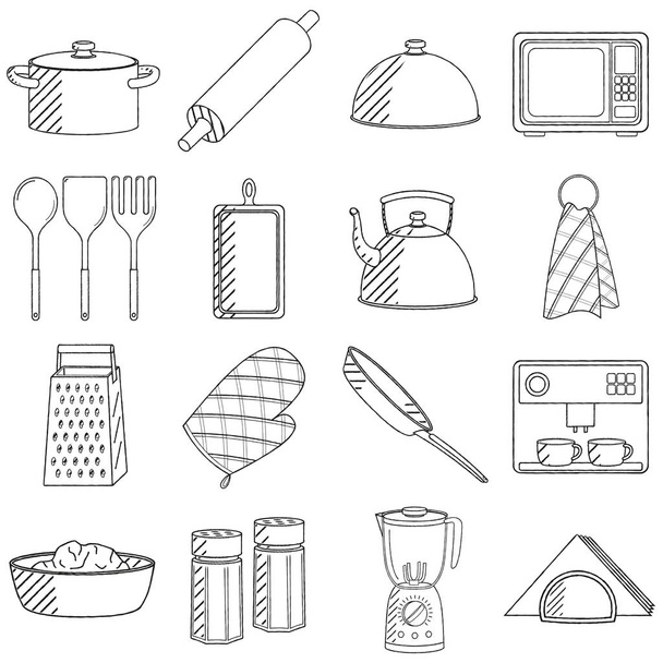 Kitchen utensils (set) - black and white illustration/ drawing - Вектор,изображение