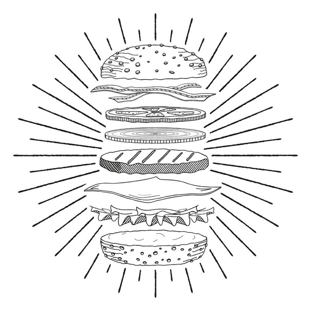 Hamburger/cheeseburger-zwart-wit illustratie/tekening - Vector, afbeelding