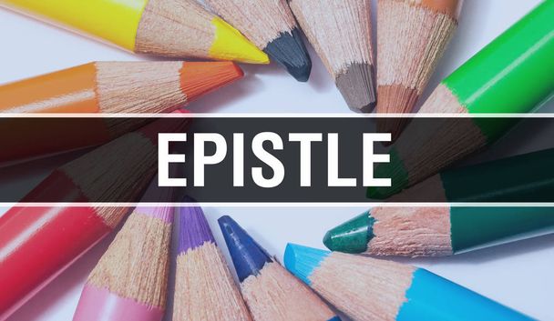 Epistle concept banner με υφή από πολύχρωμα αντικείμενα της εκπαίδευσης - Φωτογραφία, εικόνα